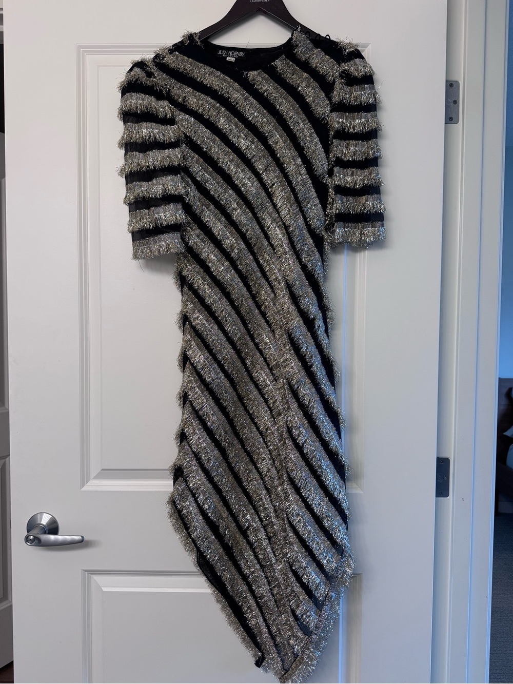 Judy Hornby Coutur Black and Silver Metallic Fringe Asymmetric Dress